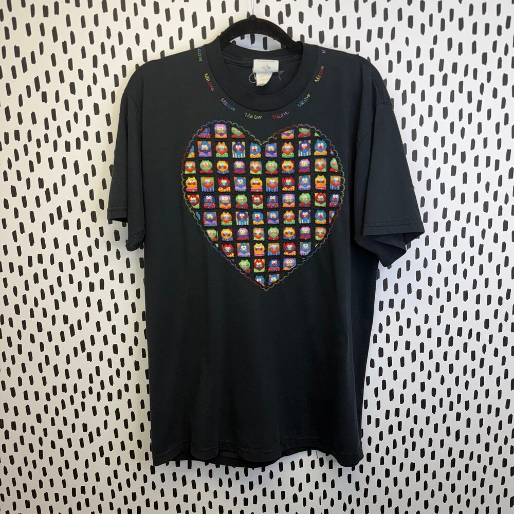 Vintage 90s Cat meow heart black tee shirt embroidered size large